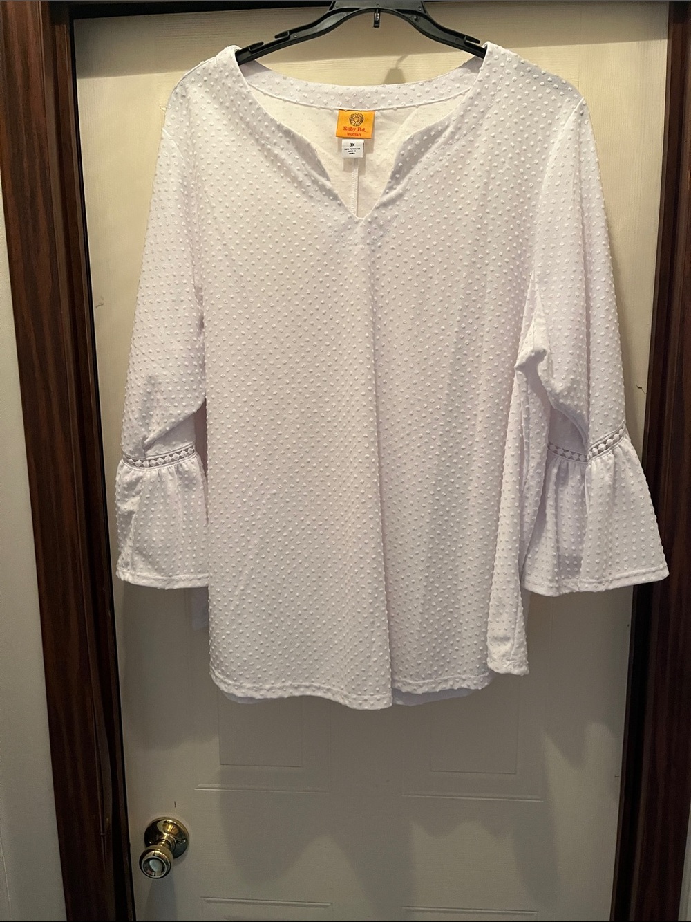 Ruby Rd. White Swiss Dot Bell Sleeve V-Neck Top
